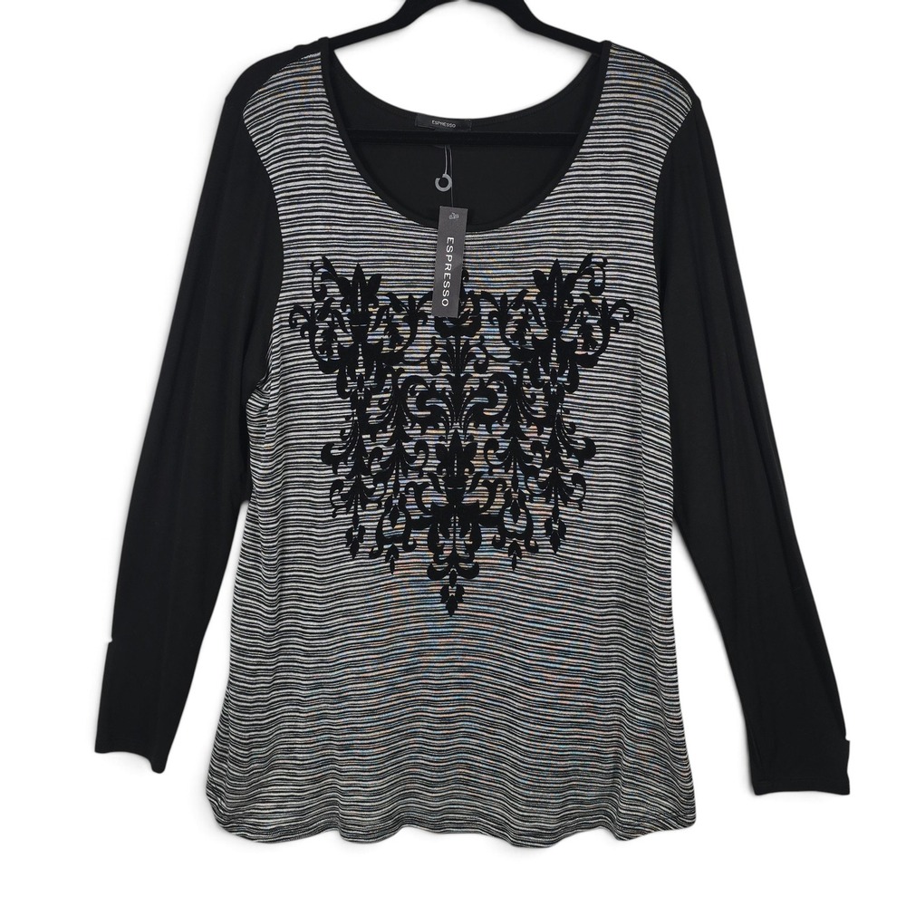 Espresso Top Women XL Graphic Black White Striped Velvet Damask Long Sleeve NEW